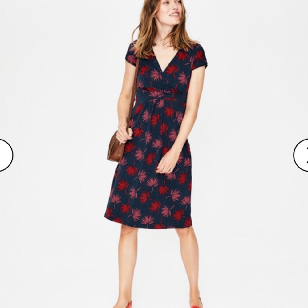 Boden Navy Dress with Red Palm Print